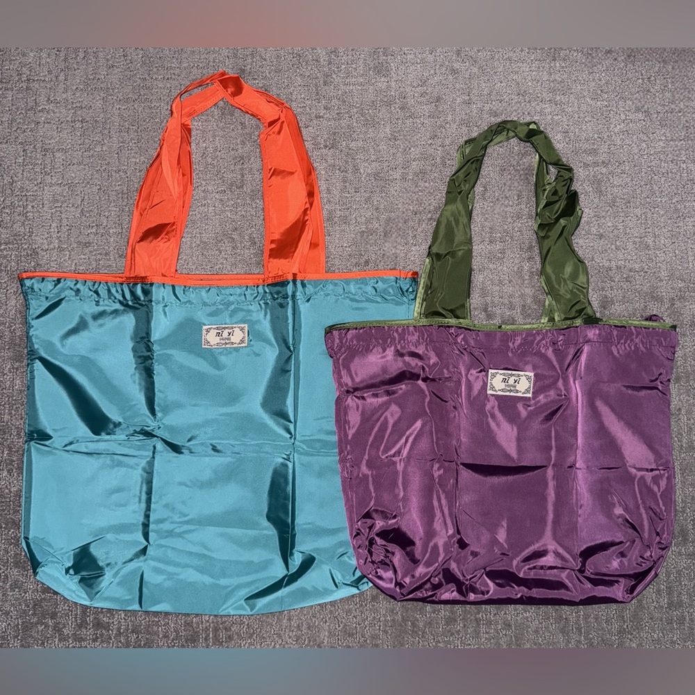 2 pc. ColorBlock Turquoise/Orange & Purple/Green Foldable Grocery Tote Bag Set